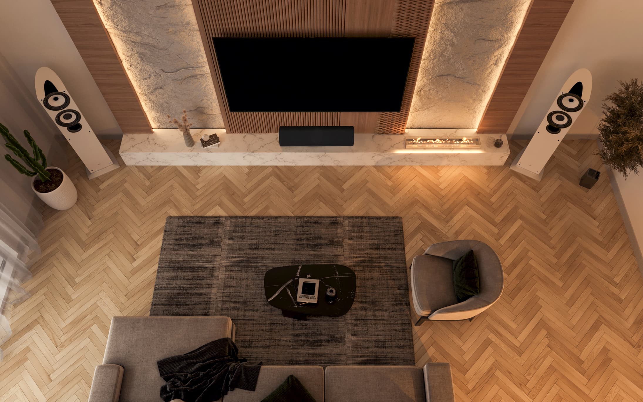 a living room seen from above 