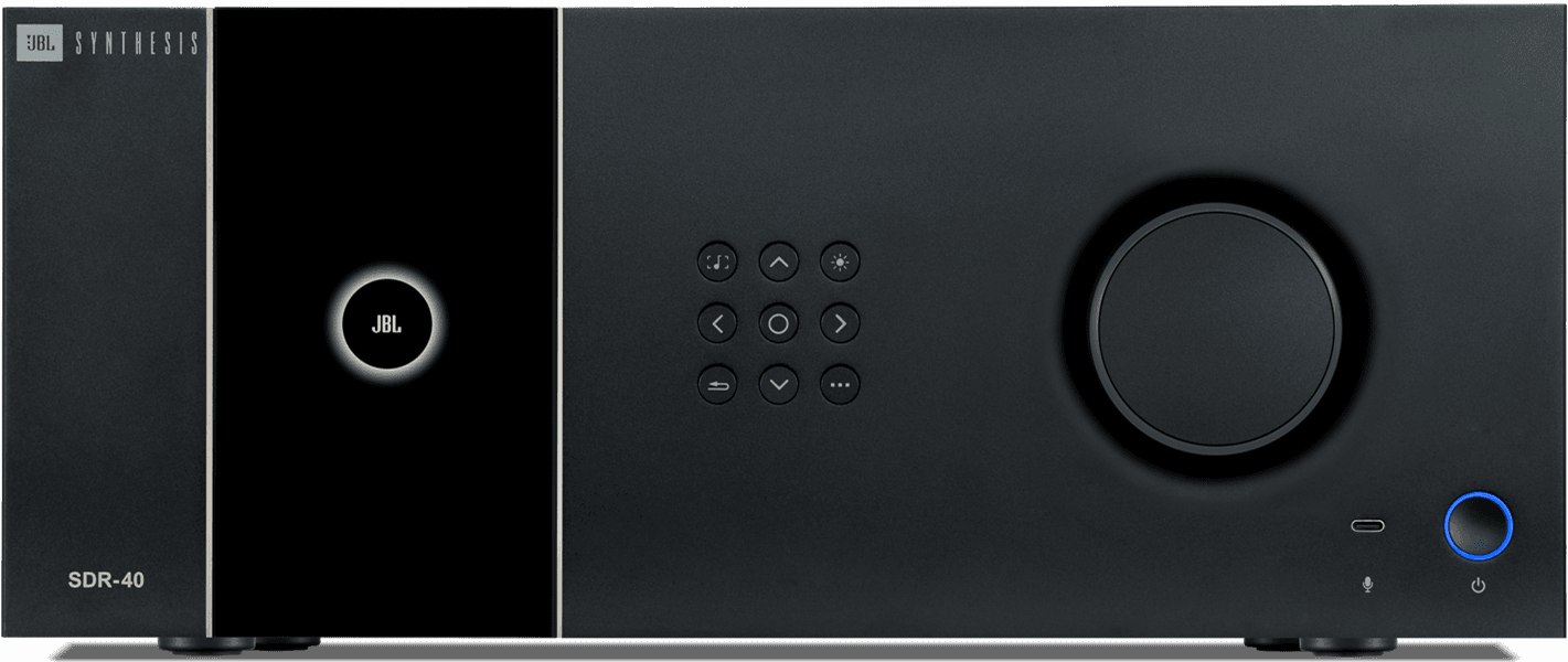 Front view of the JBL Synthesis SDR-40 sound processor in black.