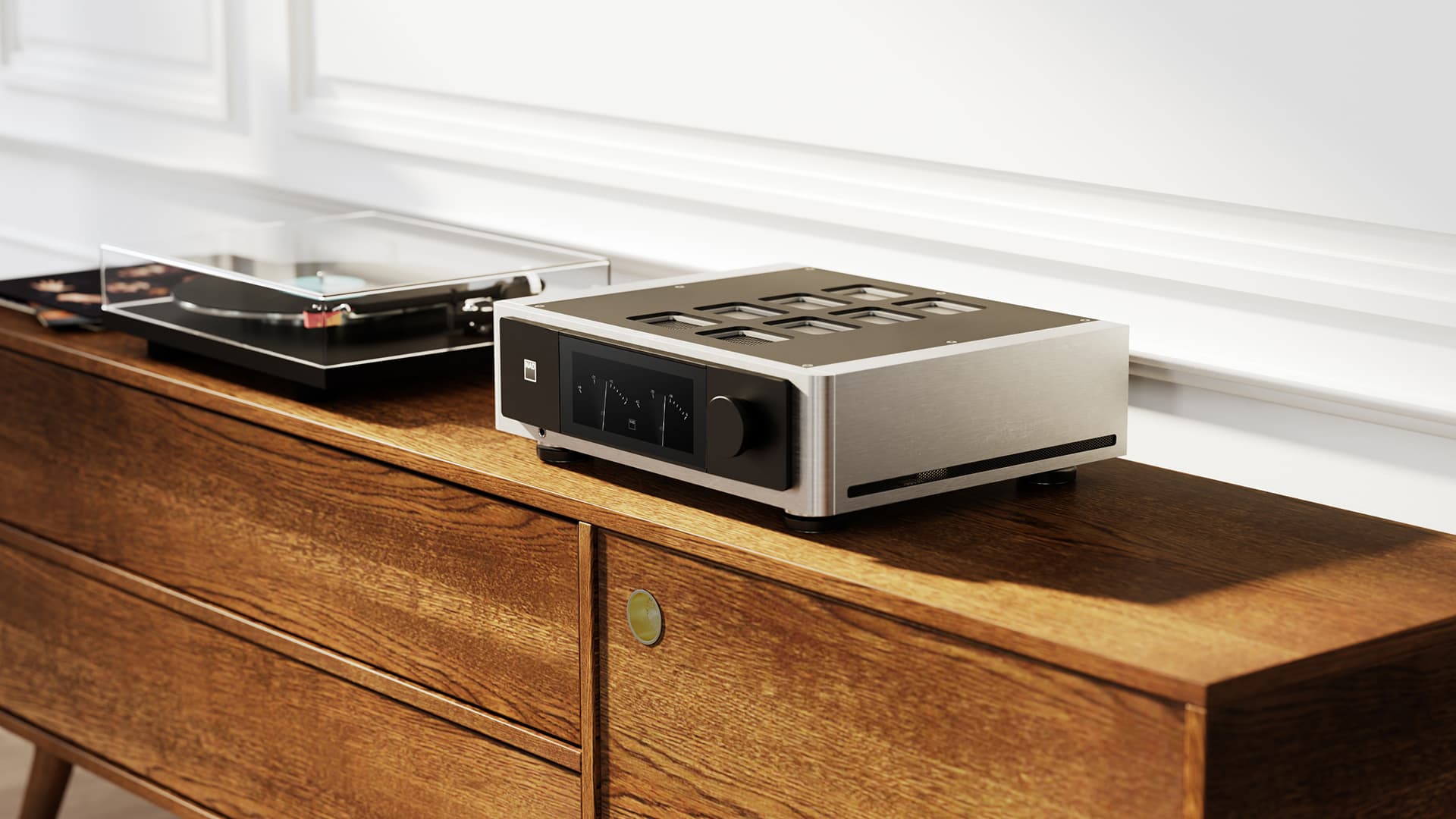 NAD M33 V2 integrated stereo amplifier in silver, angle view