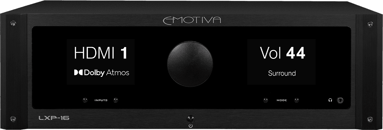 Front view of a black emotiva LXP-16 device