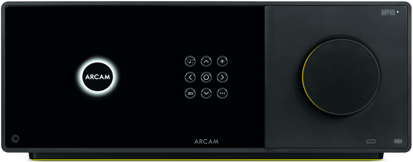 Front panel of the black Arcam AVP455 integrated amplifier
