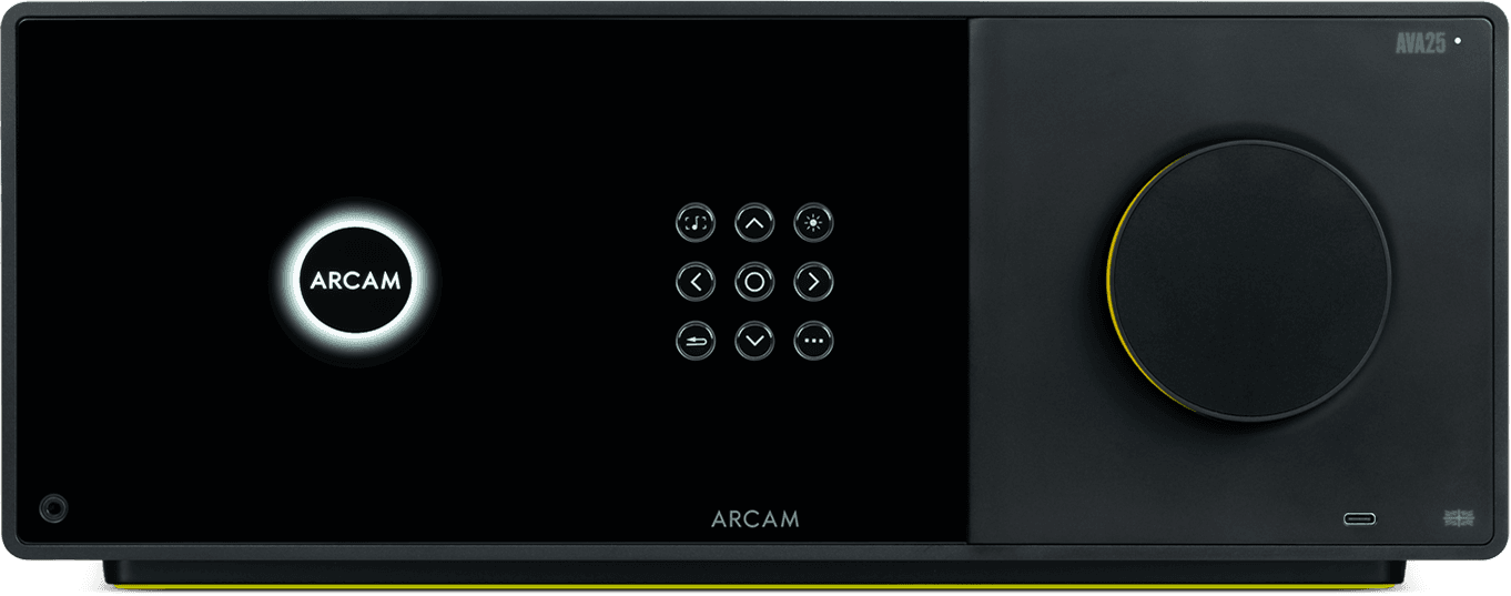 Front view of the Arcam AVA25 stereo integrated amplifier in black.