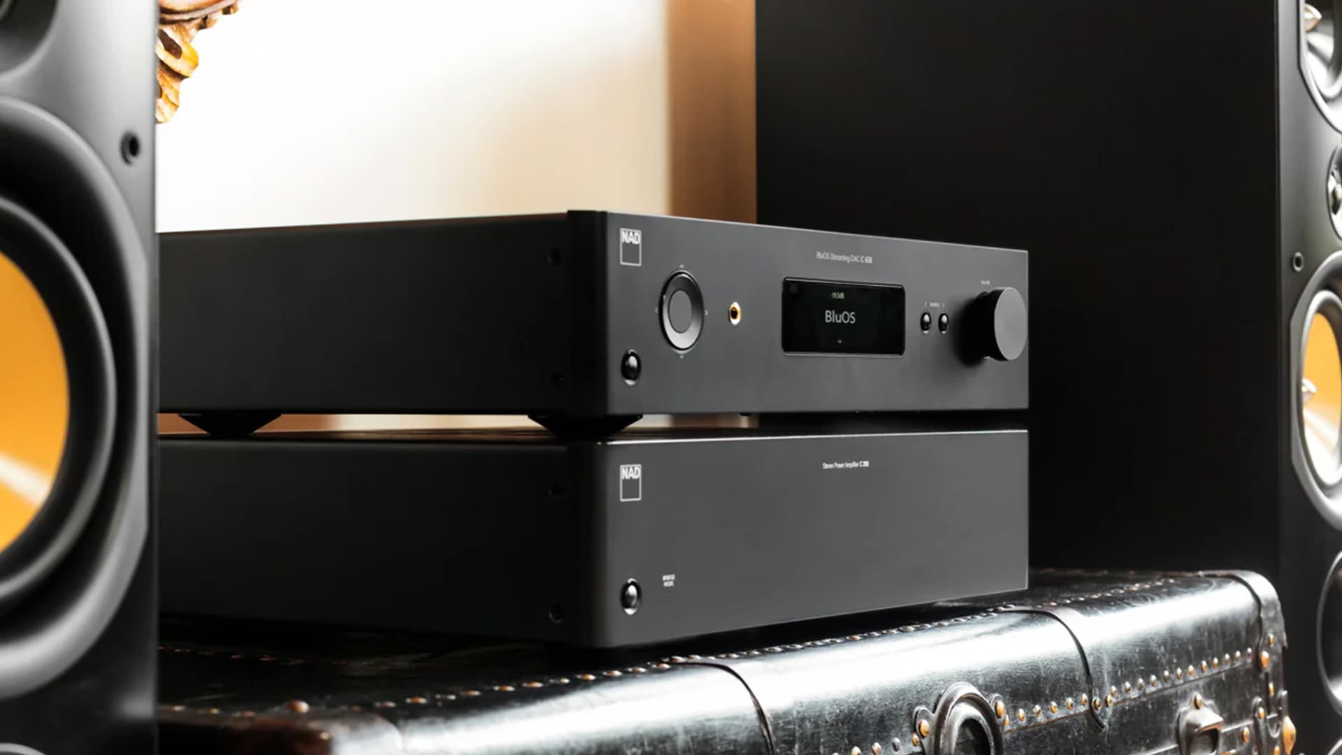 NAD C 658 streaming stereo preamplifier in black, side view