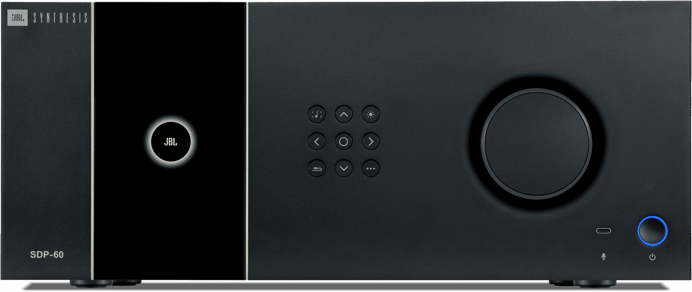 Front view of the black JBL Synthesis SDP-60 surround processor