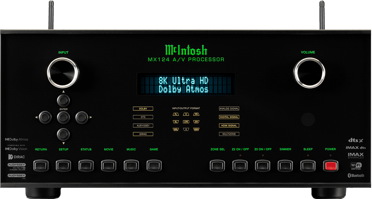 Front view of black MCIntosh MX124 A/V Processor