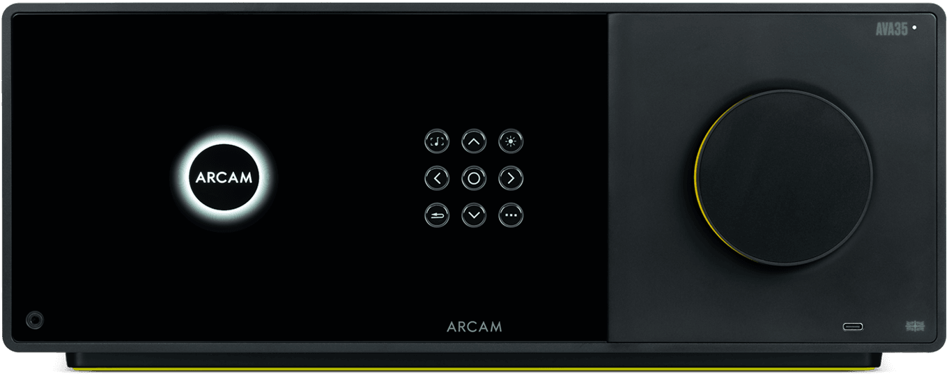 Front panel of the black Arcam AVA35 integrated amplifier