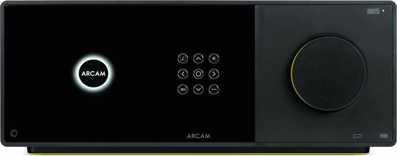 Front view of the Arcam AVA15 stereo integrated amplifier in black